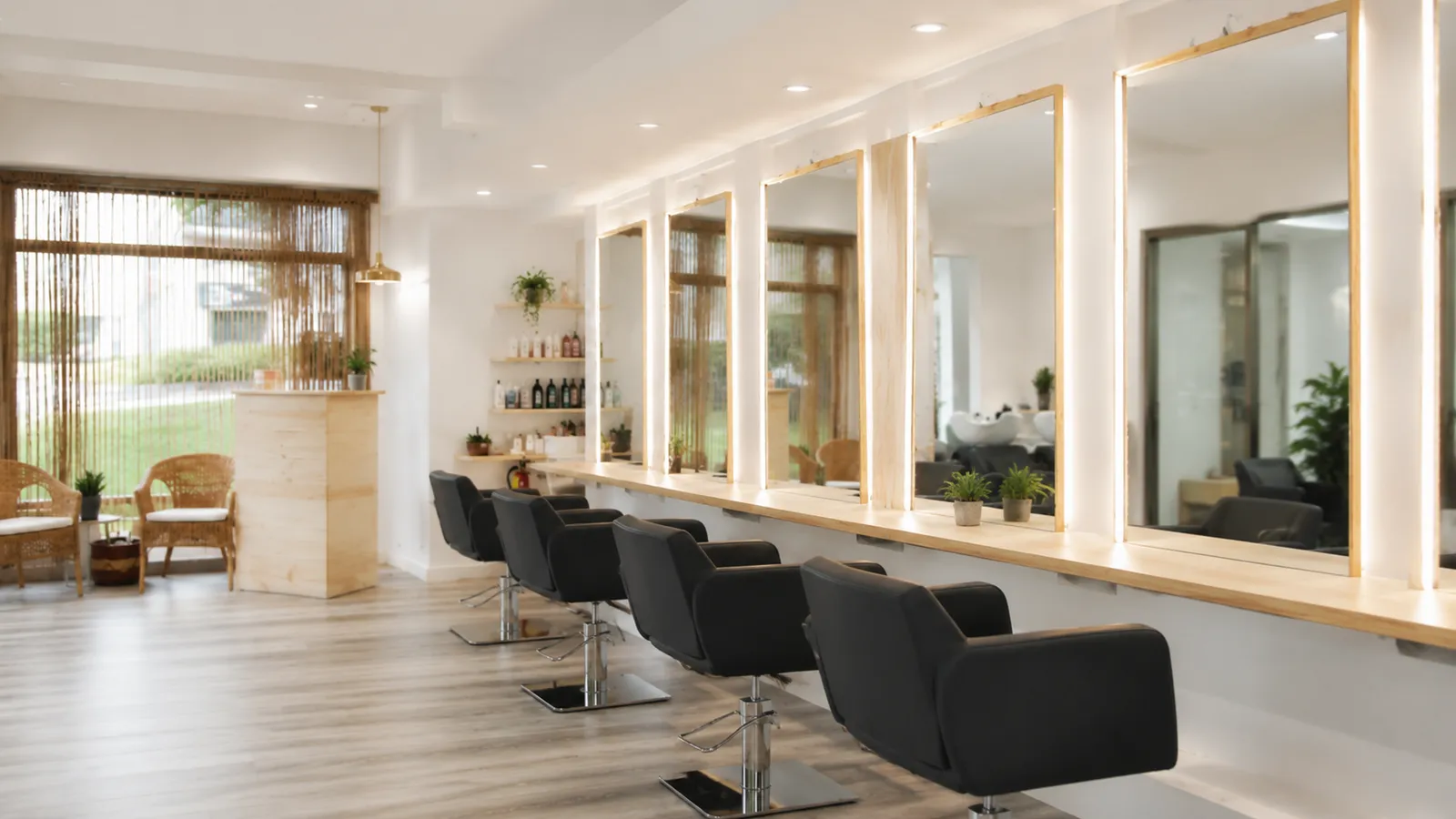 Ambiente luminoso del salón con sillones negros y madera clara